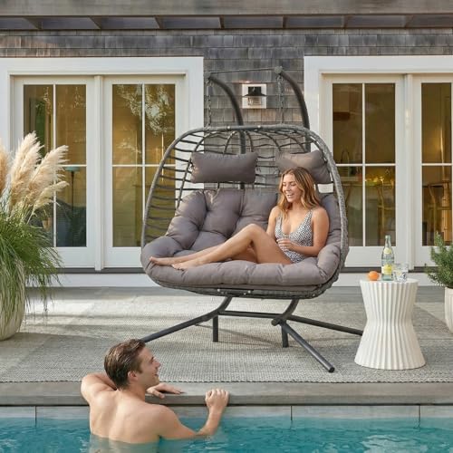Double Egg Swing Chair with Stand for Outdoor, Patio Hand Made Rattan Wicker 2 Double Hanging Egg Chairs Hammock Chair with UV Resistant Cushion and Metal Frame, Porch Swing Loveseat for Backyard - color: Charcoal