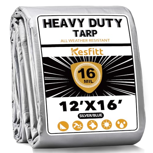 Kesfitt 16 Mil Heavy Duty Waterproof Tarp with Metal Grommets, 12x16 ft, Silver & Blue Reversible Poly Tarp for Outdoor Protection, Yard, Worksite, Equipment, Veicles,Pools Coverage - color: 16mil-silver, size: 12x16 ft