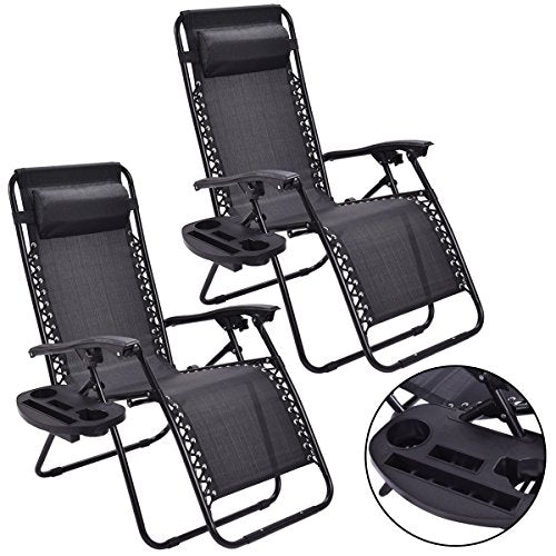 Giantex 2 PCS Zero Gravity Chair Patio Chaise Lounge Chairs Outdoor Yard Pool Recliner Folding Lounge Chair with Cup Holder (Black) - color: Black, size: 1 Count (Pack of 2)