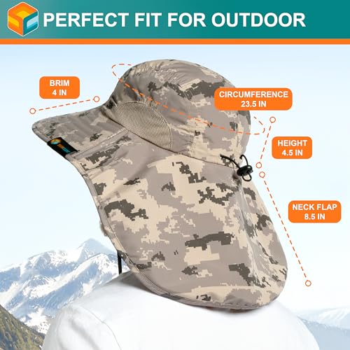 SUN CUBE Wide Brim Sun Hat with Neck Flap, UPF50+ Hiking Safari Fishing Hat for Men Women, Sun Protection Beach Hat - color: Gray Camo