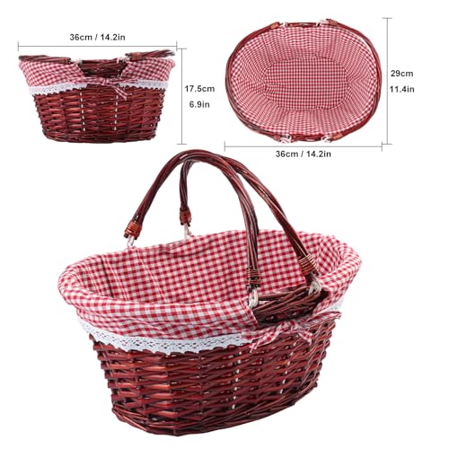 1 Pack 14.2 Inch Brown Wicker Basket with Checkered Lining, Oval Wicker Woven Basket with Handle, Willow Woven Picnic Baskets for Picnic, Camping, Party - size: 1 Pack 14.2in Brown