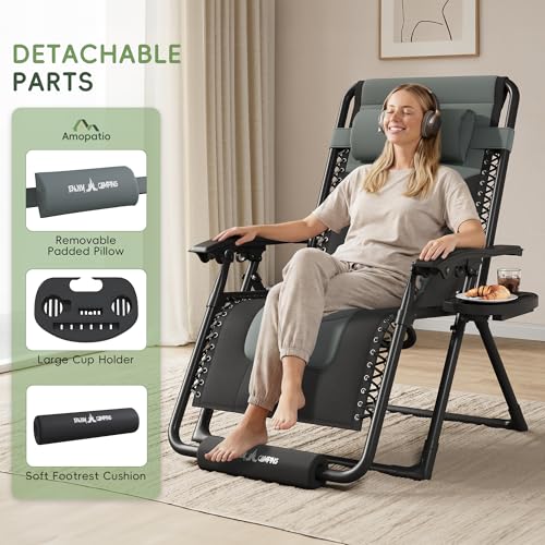 Amopatio Oversized Zero Gravity Chair XL Folding Outdoor Lounge Reclining Patio Chair with Tray/Footrest/Headrest for Camping Sunbathing Relaxing Reading，Support 500LBS - color: Gray-black, style: 29in-2pcs
