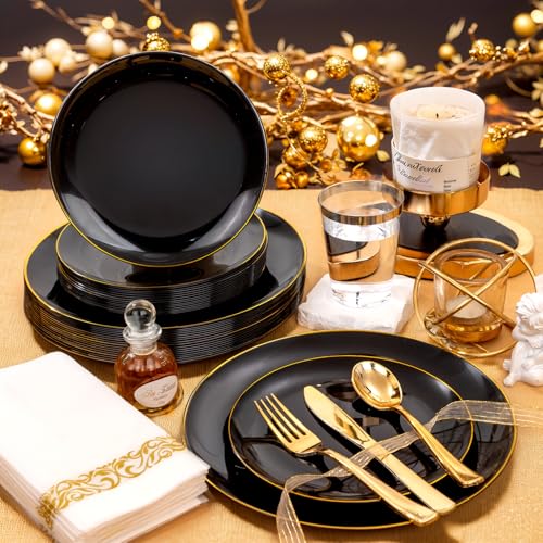 Supernal 350pcs Black & Gold Plastic Dinnerware Set, Elegant Black Plates with Golden Edges, Gold Plastic Silverware, Durable Tableware Perfect for Birthdays, Parties, Wedding, Celebration - color: 350pcs Black Plastic Plates with Gold Rim