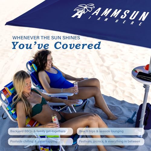 AMMSUN 8ft Large Beach Umbrellas for Sand Heavy Huty Wind Portable Commercial Grade Patio Beach Umbrella with Sand Anchor Hanging Hook Weight Sandbag Adjustable Height Air Vent UPF 50+ Telescoping Pole without tilt Navy - color: Navy