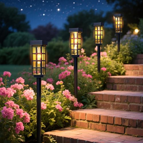 PASAMIC Solar Pathway Lights Outdoor, 24 Inch Tall Solar Landscape Lights, IP65 Waterproof Outdoor Lights, Warm White LED Solar Garden Lights for Yard Patio Lawn Driveway Walkway Path Lighting - color: Black（Glass）