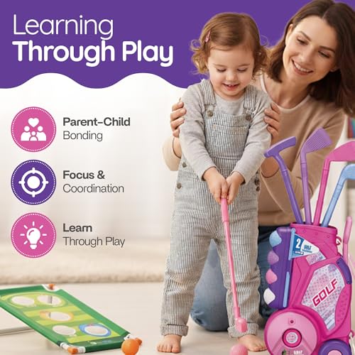Toddler/Children Golf Set for Kids Ages 2,3,4,5 Years Old – Fun Indoor & Outdoor Golf Toy with Cart, 4 Clubs, 8 Balls & 2 Practice Holes – Sports Kit for Boys and Girls (Pink)