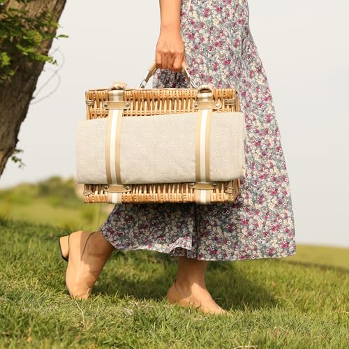 G GOOD GAIN Picnic Basket for 2 - Wicker Picnic Set with Waterproof Blanket| Large Picnic Hamper with Insulated Cooler & Cutlery Kit for Couples Camping,White Flower,15x11x7.5inch - color: White Flower