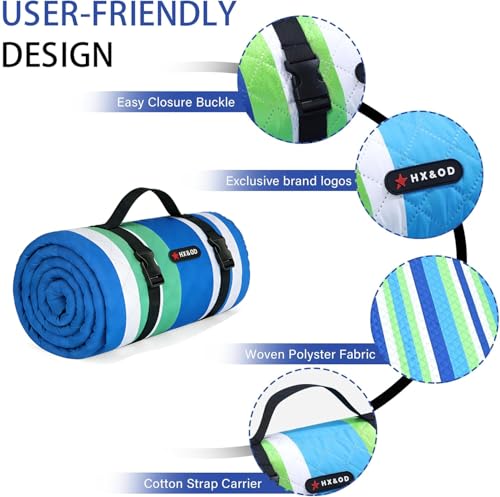 HX&OD Outdoor Picnic Blanket Extra Large, 80''*80'' Waterproof Picnic Mat with Stakes Foldable Camping Blanket Portable with Carry Strap for Beach Mat (Blue, 80''*80'') - color: Blue, size: 6'8" x 6'8" (Square)