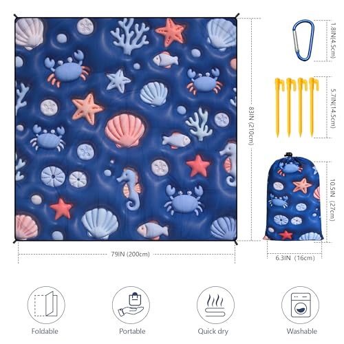 WIWIGO Beach Blanket Waterproof Sandproof Beach Mat 79" X 83"/10'x9'for 2-8 Adults Quick Drying Outdoor Picnic Mat Beach Accessories for Travel, Camping, Hiking - color: 3d - Ocean Deep Blue, size: 79" X 83"（1-4person）