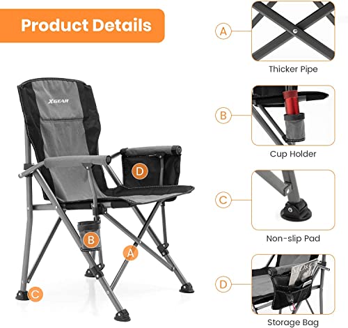 XGEAR Camping Chair with Padded Hard Armrest, Sturdy Folding Camp Chair with Cup Holder, Storage Pockets Carry Bag Included, Support to 400 lbs - color: 2pcs/Grey