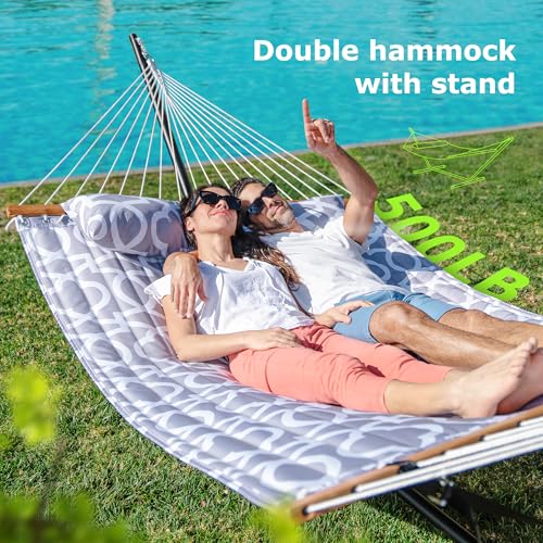 ANAGOO Double Hammock with Stand, Heavy Duty Outdoor Hammock for Two, 500 LBS Capacity, Stable Steel Frame with Balance Strap, Easy Tool-Free Assembly for Patio, Garden, Backyard & Beach,White Grey - color: White Grey(with Stand)