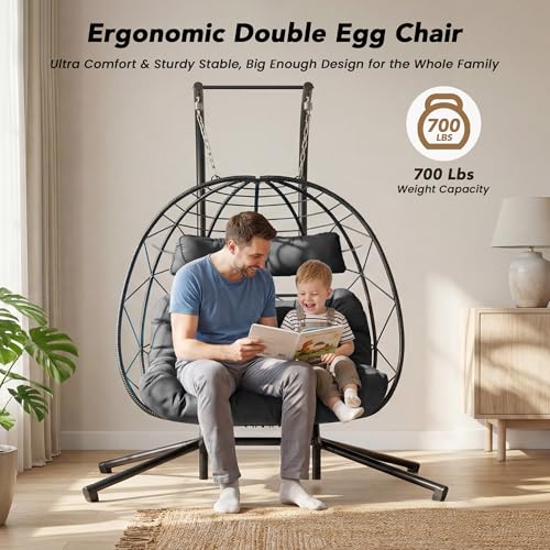 Easyego 2-Person Wicker Hanging Egg Chair with Stand- 700 lb Capacity, Indoor/Outdoor Double Egg Swing Hammock Chair for Patio, Garden, Porch, Living Room, Bedroom-Dark Grey - color: Grey, size: 1 pack