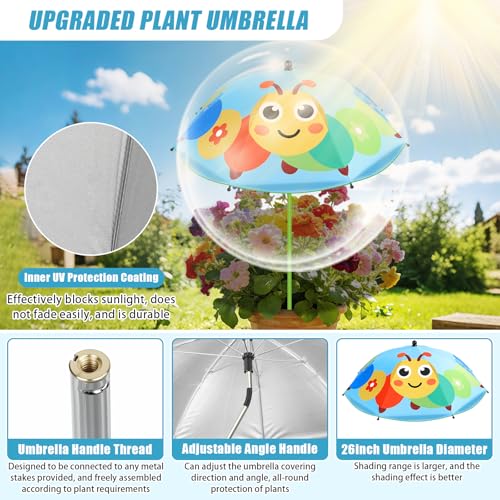 Axcoix 4 Pack Upgraded Plant Umbrellas for Outdoor Plants, 26" Larger Garden Plant Umbrella Shade with Adjustable Angle, 43.4" Higher Sun Shade with Animal Prints for Plants, Potted Plant, Garden Beds - color: 4 Pack-1Red 1Yellow 1Blue 1Green