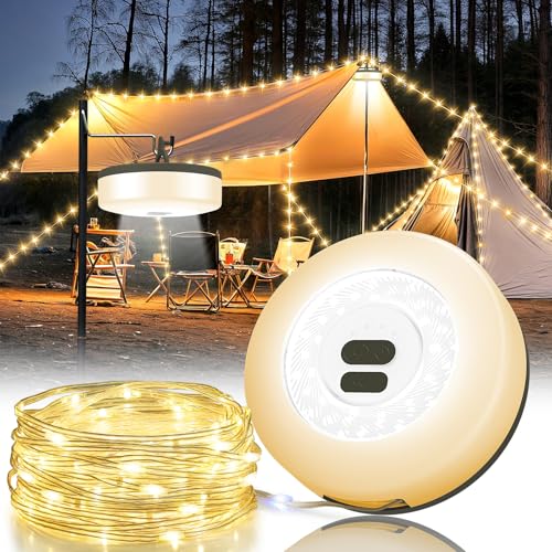 Camping String Lights, 4 in 1 Quick Storage Camping Essentials Gear 32.8FT Rechargeable Tent Lights with 6 Modes Hanging Waterproof LED Camp Lamp for Camping Hiking Patio Garden Festival-Warm White - color: Warm White, size: 1PACK