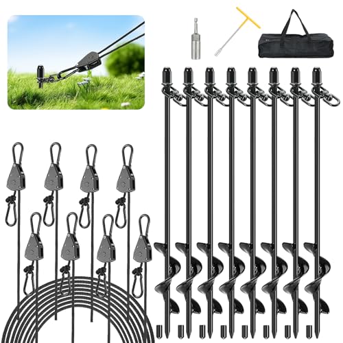 Tinnmao 8-Pack 17.7" Tent Stakes Heavy Duty, with 8" Ratchet Tie Down Straps (1/8" φ) Kit for High Wind, 8mm Solid Steel Spiral Ground Anchors Screw in for Tarp | Canopy | Sand Beach Camping Tent - size: 8 Pack