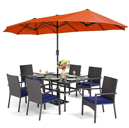 PHI VILLA 7 Piece Patio Dining Set with Umbrella, 60” Rectangular Metal Dining Table & 6 Cushioned Rattan Wicker Chairs & 13ft Large Red Umbrella for Outdoor, Deck, Yard, Porch - color: Red, size: 7 PCS 60" Steel Table