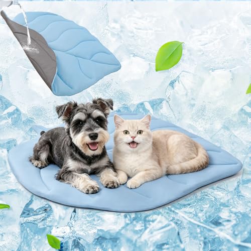 BEAUTYZOO Cooling Mat for Dogs & Cats, Dog Cooling Mat Q-Max>0.4, Double-Sided Pet Cool Pads for Summer, Crate, Kennel, Waterproof Outdoor Cooling Bed, Non-Gel Washable Chill Mats 37"x34" Leaf Shaped - color: Blue Leaf, size: Medium