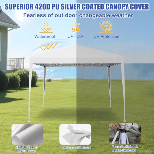 Yesker 10x10 Pop Up Canopy Tent UPF 50+ Waterproof Outdoor Canopy Portable Folding Easy Setup Gazebo Adjustable Height Instant Sun Shade Tent with Wheeled Bag for Events Parties Camping Patio, White - size: 10x10FT White