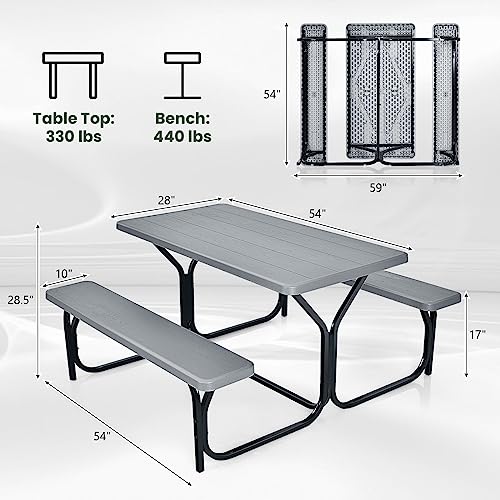 Moccha Picnic Table Bench Set - Portable Plastic Picnic Table w/Steel Frame & Wood-Like Texture, All Weather Heavy Duty Picnic Table Kit, Picnic Tables for Outdoors Garden Patio Party Dining (Grey) - color: Grey