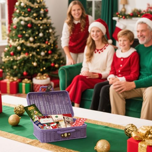 Mini Wicker Picnic Basket, Decorative Prop Suitcase Vintage Storage Hamper Makeup Organizer, 11.5" Metal Lock Rattan Storage Box with Handles for Sundries Travel Camping and Outdoor Party (Purple, L) - color: Purple, size: Large