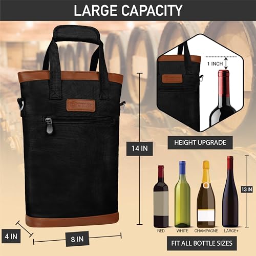 opux Two Bottle Wine Bag Carrier Tote, Insulated Leakproof 2 Bottle Wine Cooler Bag for Travel BYOB Picnic, Portable Wine Case, Gift for Men Women Wine Lover Birthday Party Christmas, Black - color: Black
