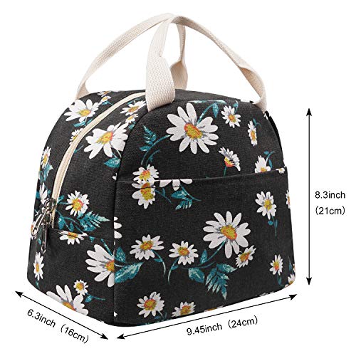 EurCross Women's Lunch Bags for Work with Chic Floral Daisy Pattern,Canvas Stylish and Insulated Black Lunch Tote Bento box Bag Carrier of On-the-Go Storage - color: Dasiy