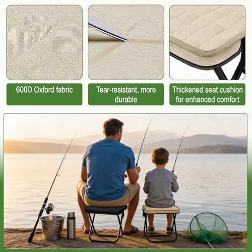 Foldable Backpack Stool 2 Pack, Portable Collapsible Camping Stool, Pocket Chair & Supports 265Lbs, Ultralight for Hiking, Outdoor, Fishing, Camping, Festivals (Black+Beige)