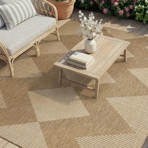 MontVoo-Outdoor Rug Carpet Patio Rug 8x10 Polypropylene Indoor Outdoor Rugs for Patio Deck Balcony Porch, Textured Weave, Durable for High Traffic, Fade-Resistant, Boho Geometric Neutral Brown - color: Brown Beige, size: 7'11" x 10' (Rectangular)