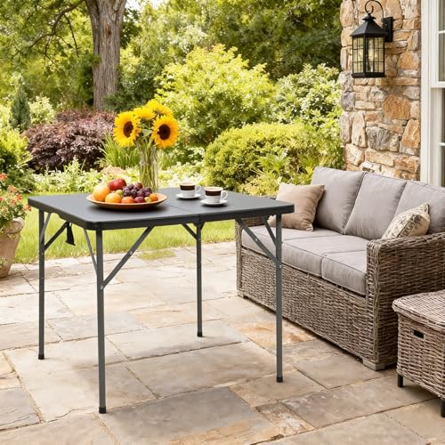 PayLessHere 34" Square Plastic Folding Card Table, Portable Outdoor Dining Table with Collapsible Legs and Carrying Handle,Plastic Tables for Camping,Picnic, Office, Party, Black - color: Black, size: 34"