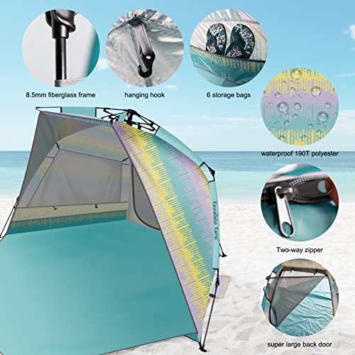 Beach Tent Sun Shelter for 4-6 Person - Pop Up Beach Tent UPF 50＋ UV Protection, Lightweight and Easy Setup Cabana, Extendable Floor with 3 Ventilating Windows, Carrying Bag