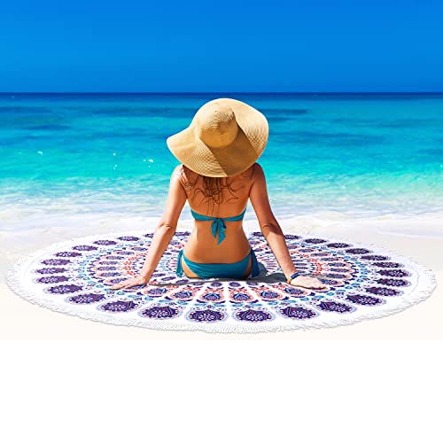 Benefeet Sox Beach Towel Large Round Mandala Pool Towels Tassels Microfiber Quick Dry Beach Blanket Throw Bohemian Roundie Swim Pool Circle Towel, 59 Inches - color: Multi Mandala, Purple Blue White