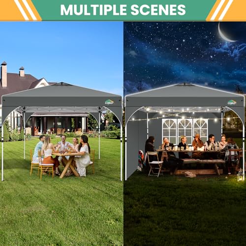 COBIZI 10x10 Pop Up Canopy Tent, Outdoor Party Tent with 3 Sidewalls, 1 Person Easy Set up, Tents for Parties with Fluorescent Strip & 4 Sandbags, Waterproof UPF50+, 3 Adjustable Height, Gray - color: Gray, size: 10x10FT