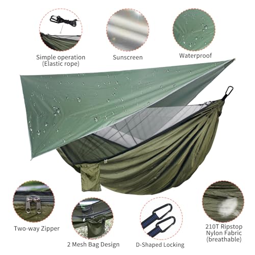 NewDoar Camping Hammock with Mosquito Net and Rain Fly Tarp,Portable Single Nylon Parachute Hammock Rainfly Set,Tree Straps Swing Hammock Bed for Outdoor Backpacking Backyard Hiking(ArmyGreen)