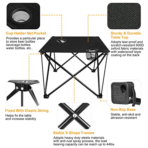 Foldable Camping Table Portable Beach Table Lightweight Picnic Table with Carry Bag Cup Holder Outdoor Travel Desk for Camping Hiking Picnics BBQs Beach Trips (Black)