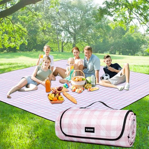 Picnic Blankets Outdoor Blanket Waterproof, 80''x80'' Extra Large Beach Blanket Sandproof Foldable Machine Washable, Vintage Gingham Picnic Mat Grass Lawn Park Family Camping Party Music Festival - color: Pink White, size: 6'8" X 6'8" (Square)
