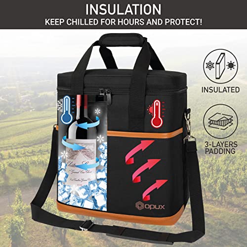 opux 6 Bottle Carrier Tote | Insulated Padded Wine Cooler Bag for Travel. Picnic, BYOB | Portable Leakproof Wine Tote Bag for Dinner, Party, Christmas, Wine Gift for Women, Men (Brown) - color: Brown, size: 6 Bottle