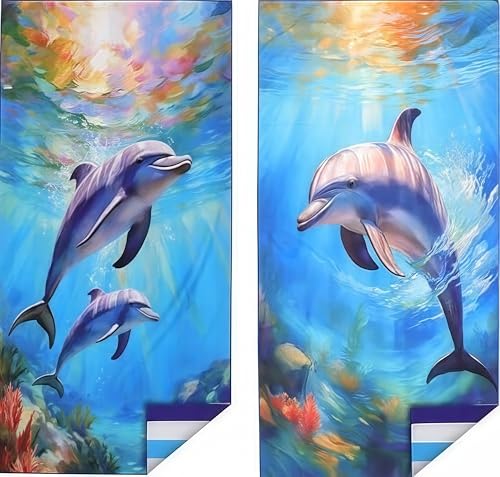 Microfiber Extra Large, Oversized Blue White Striped Beach Towels (70''x35''),Soft&Lightweight 2 Pack XL Quick Dry Cute Dolphin Towel for Adults & Women，Sand Free for Pool,Spa,Swim,Travel - color: 2 Pack Different Dolphin Upgraded Version