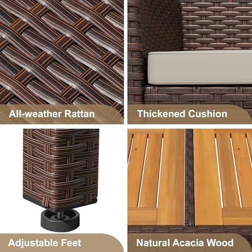 Devoko Dining 7 PCS Furniture, Patio Conversation Set with Acacia Wood Table Top, Outdoor, Beige Cushion and Brown Rattan - color: Brown, style: 7 Piece Dining Set