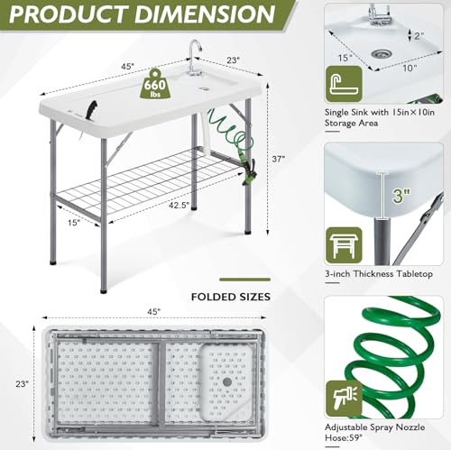 Folding Fish Cleaning Table Portable Camping Sink Table with Faucet Drainage Hose & Sprayer Outdoor Fish Fillet Cleaning Station with Grid Rack & Knife Groove for Picnic Fishing, Grey - style: A Sink-Grey