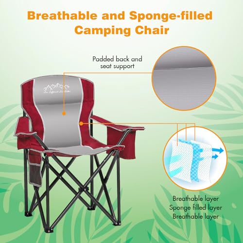 Camping Chair Portable Folding Outdoor Chair Heavy Duty Padded Chairs Lawn Chair with Cup Holder, Storage Pocket and Cooler Bag, Supports 500 LBS, Red - color: Red