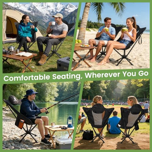 Raynesys 360° Rotation Camping Chair, Compact Hiking Chair with Cup Holder & Storage Pocket, Portable Folding Chairs for Outdoor Activities, High Back Comfort for Long Sitting, 1 Pack Black