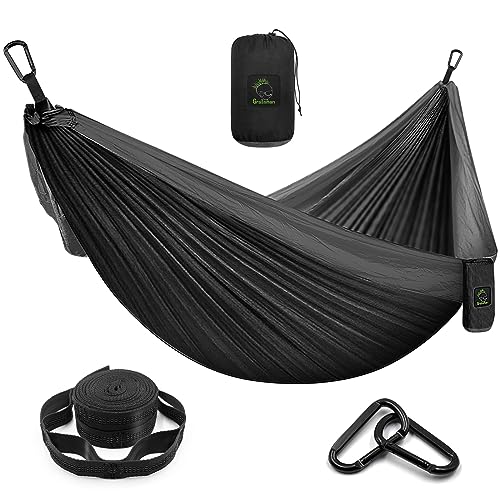 Grassman Camping Hammock Double & Single Portable Hammock with Tree Straps, Lightweight Nylon Parachute Hammocks Camping Accessories Gear for Indoor Outdoor Backpacking, Travel, Hiking, Beach - color: Black & Grey, size: One Person