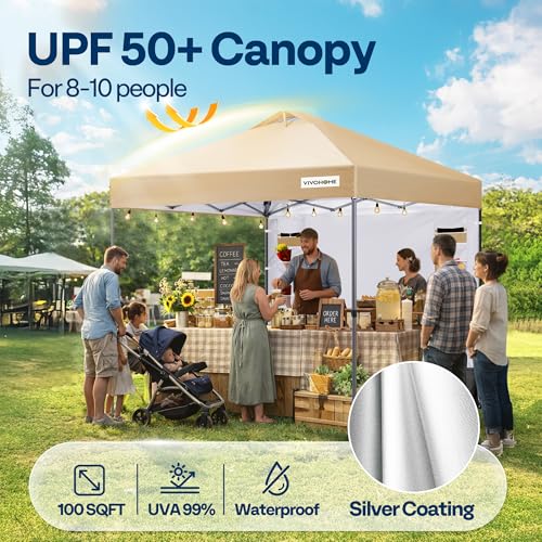 VIVOHOME 10x10ft Pop Up Canopy Tent with Sidewall and 6 Pockets, One Push Setup Outdoor Portable Shelter Tent Heavy Duty with Wheel Carry Bag and 4 Sandbags, Beige - color: Beige