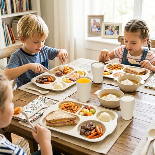 24 PCS Wheat Straw Dinnerware Set for Kids Divided Plates Bowls Cup Cutlery Sets, Reusable Tableware Set Microwave Dishwasher Safe for School Party, Camping, Home - color: Beige