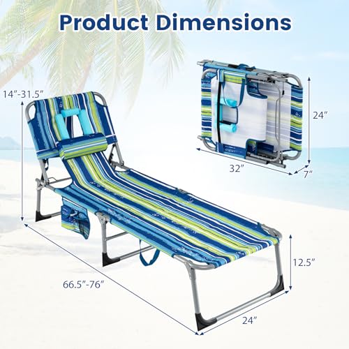COSTWAY Tanning Chair with Face Hole, Folding Beach Lounge Chair with 4-Position Adjustable Backrest, Pillow & Side Pocket, Foldable Chaise Lounge Chair Outdoor for Sunbathing, Camping (1, Blue+Green) - color: Blue+green