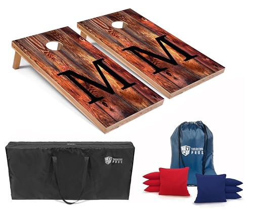 Tailgating Pros Monogrammed Red Cornhole Boards w/Ring Lights - 4'x2' Lightweight Cornhole Game- Includes LED Rings, Carrying Case, Set of 8 Corn Hole Bags & Tote - color: M