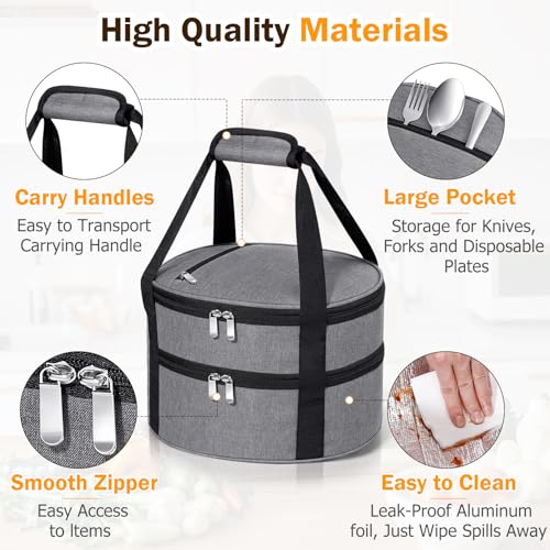 Round Double Insulated Casserole Carrier – 12" Portable Pie Carrier Bag for Hot or Cold Food, Leakproof Thermal Lunch Tote with Handle for Parties Picnic & Travel - Grey - color: Gray, size: Double