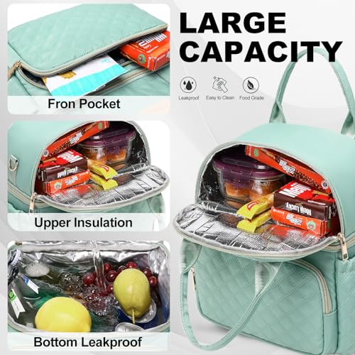 AIJIEKE Large Insulated Lunch Bag for Women, Double Compartment Leakproof Lunch Box for Work Office, Reusable Cooler Tote with Adjustable Strap & Side Pockets for Adults Picnic Beach, Green - color: Green