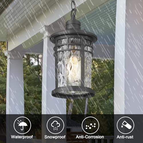 Darkaway Outdoor Pendant Lights for Porch, Outdoor Chandelier Hanging Porch Lights Outside Ceiling Mount Aluminum with Water Ripple Glass for House Gazebo Patio - color: Black-Water Ripple Glass, size: Medium Size