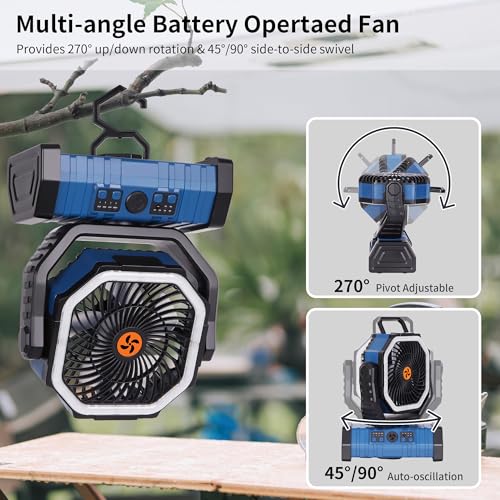 Portable Fan Battery Powered,20000mAh Rechargeable Camping Fan Battery Operated with LED Lantern,Auto-Oscillating USB Personal Cordless Battery Fans Portable Tent Travel & Hanging Hook (Blue) - color: Blue